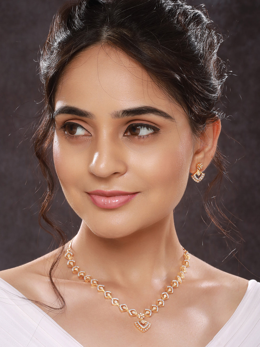 Gold Toned AD Studded Geometric Shaped Delicate Pendant Jewellery Set